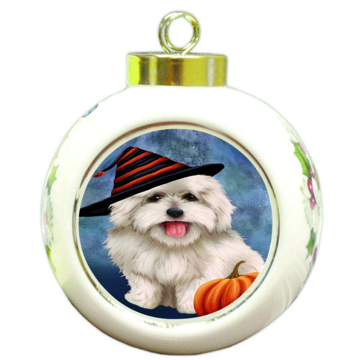 Happy Halloween Coton De Tulear Dog Wearing Witch Hat with Pumpkin Round Ball Christmas Ornament RBPOR55024