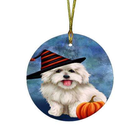 Happy Halloween Coton De Tulear Dog Wearing Witch Hat with Pumpkin Round Flat Christmas Ornament RFPOR55015