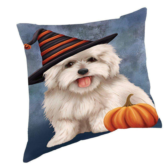 Happy Halloween Coton De Tulear Dog Wearing Witch Hat with Pumpkin Throw Pillow