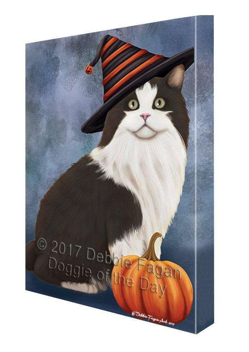 Happy Halloween Cymric Black And White Cat Wearing Witch Hat with Pumpkin Canvas Wall Art