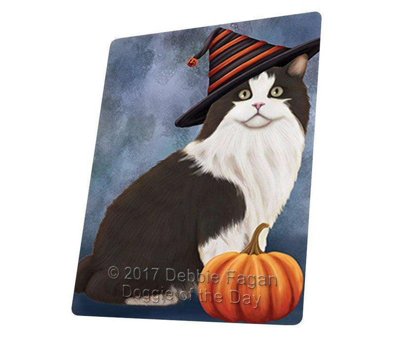 Happy Halloween Cymric Black And White Cat Wearing Witch Hat with Pumpkin Tempered Cutting Board