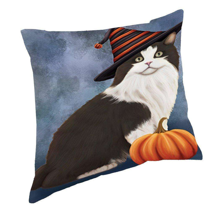 Happy Halloween Cymric Black And White Cat Wearing Witch Hat with Pumpkin Throw Pillow