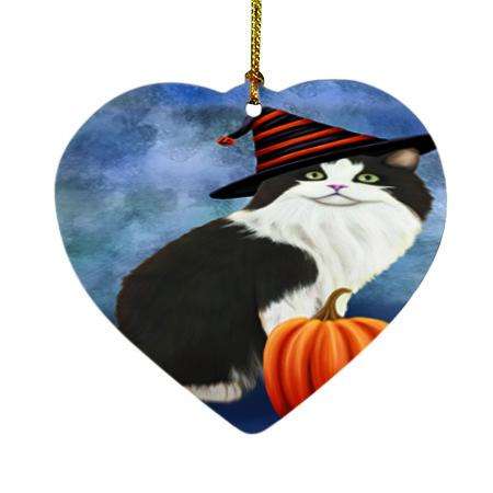 Happy Halloween Cymric Cat Wearing Witch Hat with Pumpkin Heart Christmas Ornament HPOR55025