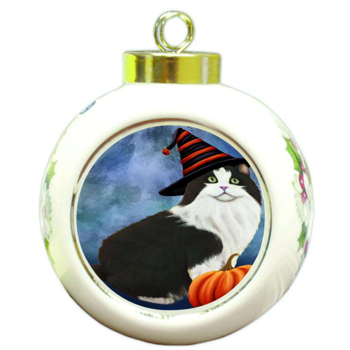 Happy Halloween Cymric Cat Wearing Witch Hat with Pumpkin Round Ball Christmas Ornament RBPOR55025