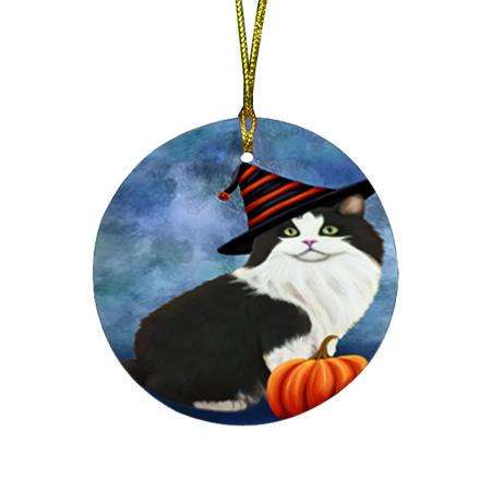 Happy Halloween Cymric Cat Wearing Witch Hat with Pumpkin Round Flat Christmas Ornament RFPOR55016