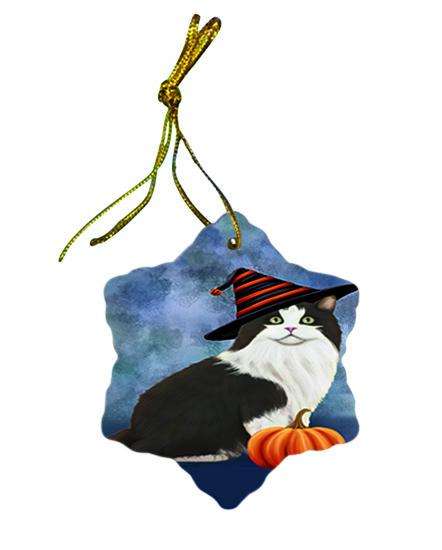 Happy Halloween Cymric Cat Wearing Witch Hat with Pumpkin Star Porcelain Ornament SPOR55016