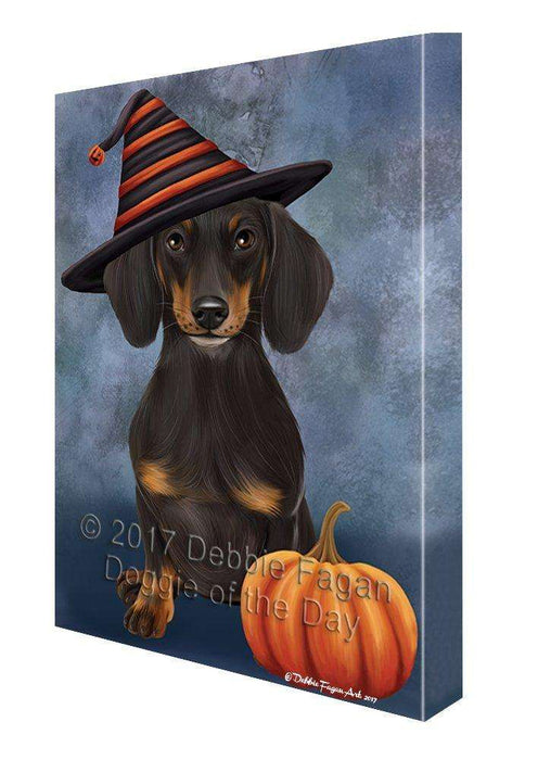 Happy Halloween Dachshund Dog and Witch Hat with Pumpkin Wall Art Canvas