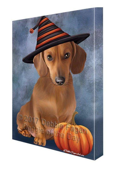 Happy Halloween Dachshund Dog Sporting Witch Hat with Pumpkin Wall Art Canvas