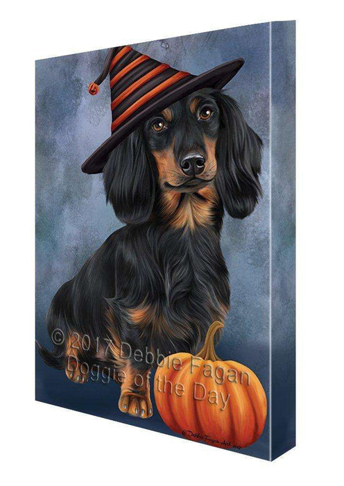 Happy Halloween Dachshund Dog Wearing Witch Hat with Pumpkin Canvas Wall Art