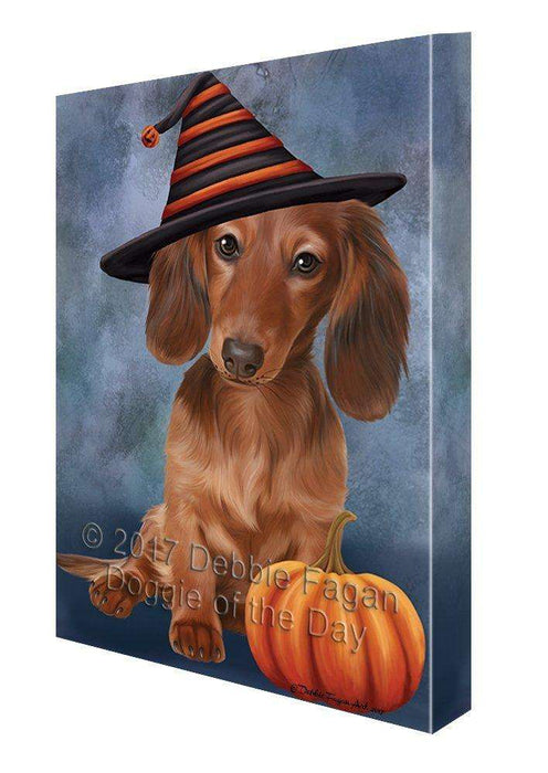 Happy Halloween Dachshund Dog Wearing Witch Hat with Pumpkin Canvas Wall Art