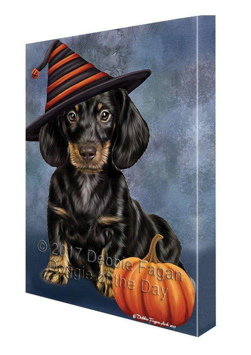 Happy Halloween Dachshund Dog Wearing Witch Hat with Pumpkin Canvas Wall Art