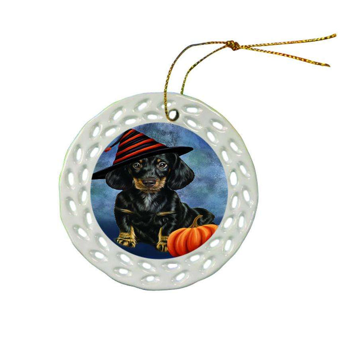 Happy Halloween Dachshund Dog Wearing Witch Hat with Pumpkin Ceramic Doily Ornament DPOR55026