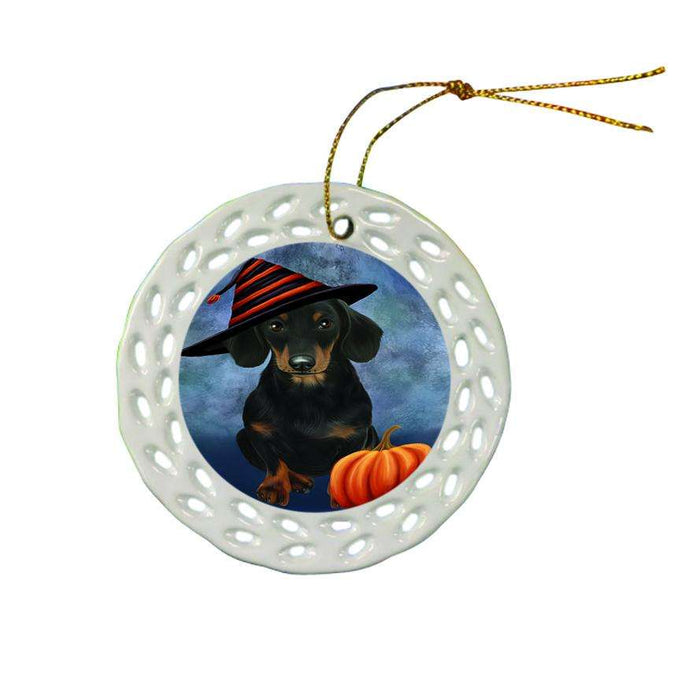 Happy Halloween Dachshund Dog Wearing Witch Hat with Pumpkin Ceramic Doily Ornament DPOR55068