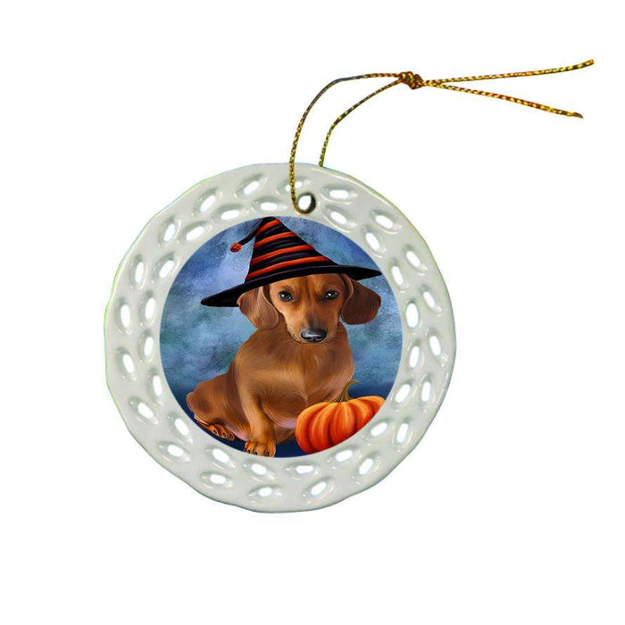 Happy Halloween Dachshund Dog Wearing Witch Hat with Pumpkin Ceramic Doily Ornament DPOR55070