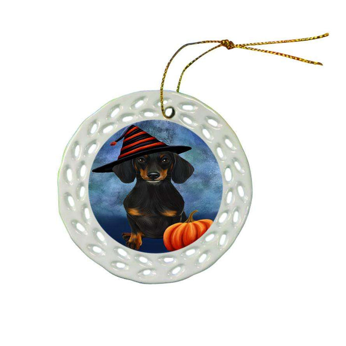 Happy Halloween Dachshund Dog Wearing Witch Hat with Pumpkin Ceramic Doily Ornament DPOR55071