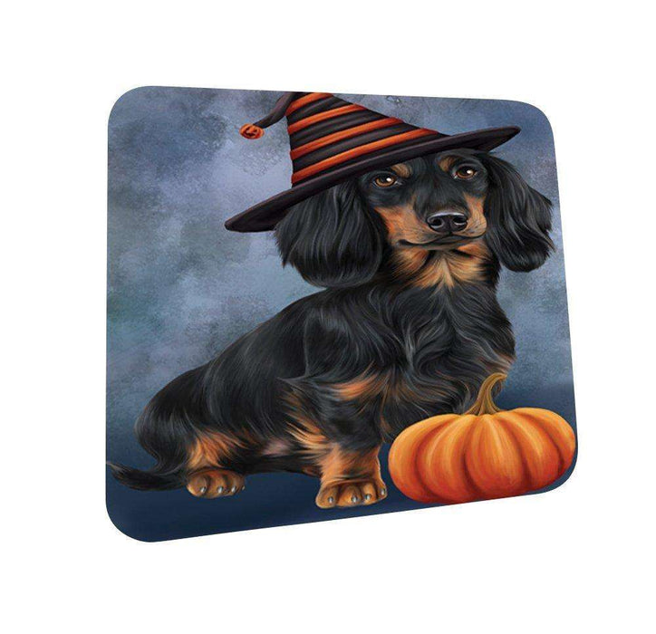 Happy Halloween Dachshund Dog Wearing Witch Hat with Pumpkin Coasters Set of 4