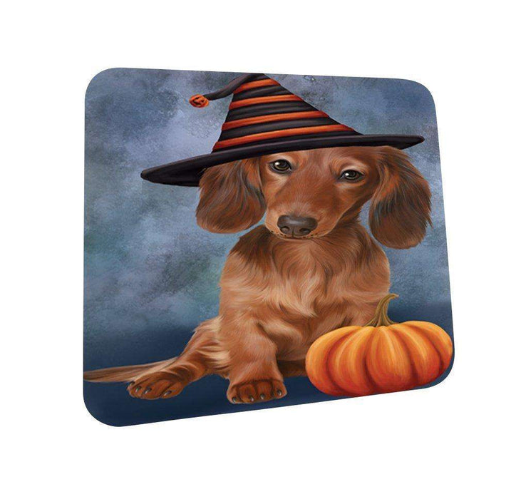 Happy Halloween Dachshund Dog Wearing Witch Hat with Pumpkin Coasters Set of 4