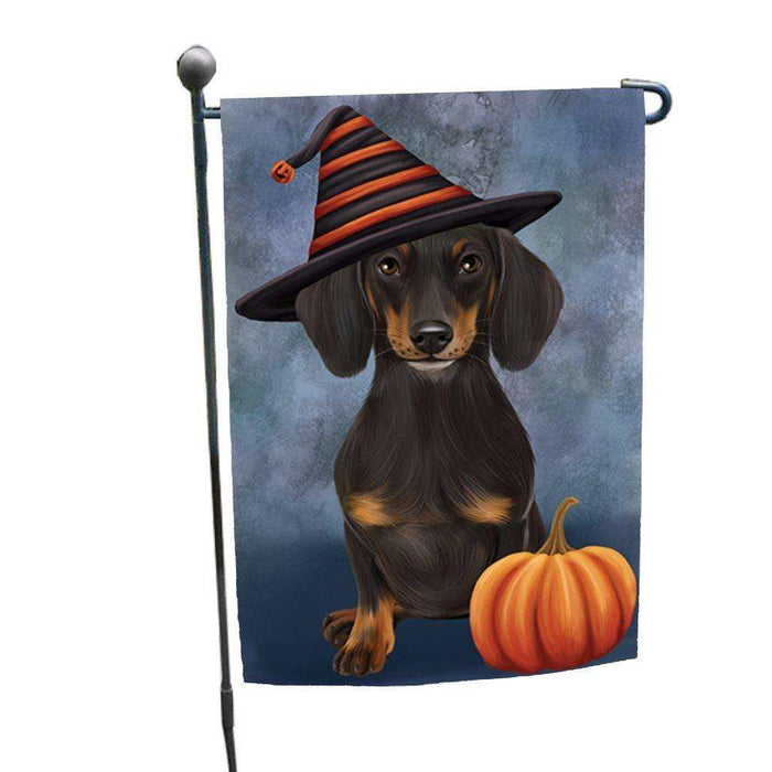 Happy Halloween Dachshund Dog Wearing Witch Hat with Pumpkin Garden Flag GF320