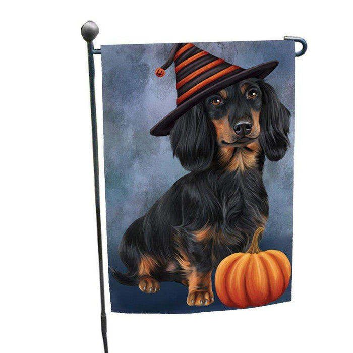 Happy Halloween Dachshund Dog Wearing Witch Hat with Pumpkin Garden Flag
