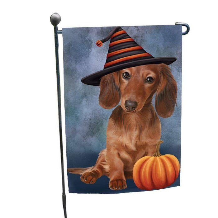 Happy Halloween Dachshund Dog Wearing Witch Hat with Pumpkin Garden Flag