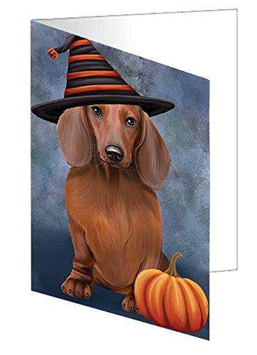 Happy Halloween Dachshund Dog Wearing Witch Hat with Pumpkin Handmade Artwork Assorted Pets Greeting Cards and Note Cards with Envelopes for All Occasions and Holiday Seasons D469