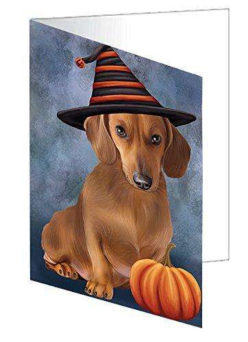 Happy Halloween Dachshund Dog Wearing Witch Hat with Pumpkin Handmade Artwork Assorted Pets Greeting Cards and Note Cards with Envelopes for All Occasions and Holiday Seasons D470