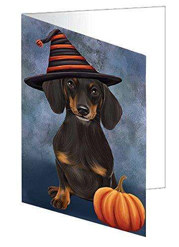 Happy Halloween Dachshund Dog Wearing Witch Hat with Pumpkin Handmade Artwork Assorted Pets Greeting Cards and Note Cards with Envelopes for All Occasions and Holiday Seasons D471