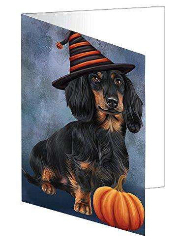 Happy Halloween Dachshund Dog Wearing Witch Hat with Pumpkin Handmade Artwork Assorted Pets Greeting Cards and Note Cards with Envelopes for All Occasions and Holiday Seasons