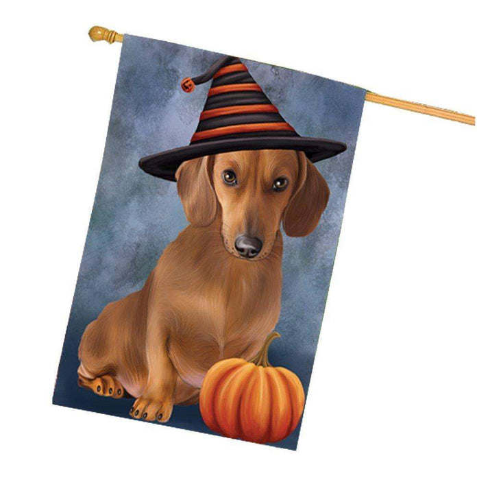 Happy Halloween Dachshund Dog Wearing Witch Hat with Pumpkin House Flag