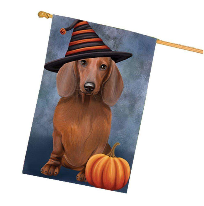 Happy Halloween Dachshund Dog Wearing Witch Hat with Pumpkin House Flag