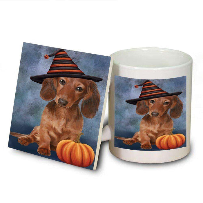 Happy Halloween Dachshund Dog Wearing Witch Hat with Pumpkin Mug and Coaster Set