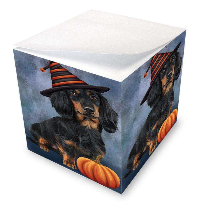 Happy Halloween Dachshund Dog Wearing Witch Hat with Pumpkin Note Cube