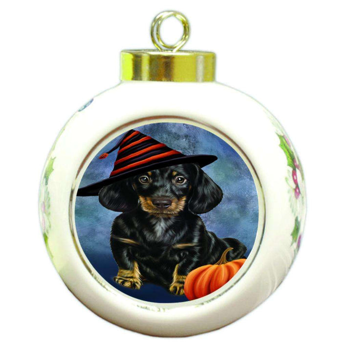 Happy Halloween Dachshund Dog Wearing Witch Hat with Pumpkin Round Ball Christmas Ornament RBPOR55026