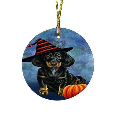 Happy Halloween Dachshund Dog Wearing Witch Hat with Pumpkin Round Flat Christmas Ornament RFPOR55017