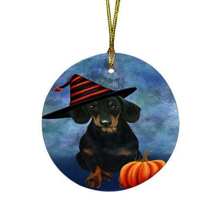 Happy Halloween Dachshund Dog Wearing Witch Hat with Pumpkin Round Flat Christmas Ornament RFPOR55059