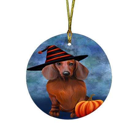 Happy Halloween Dachshund Dog Wearing Witch Hat with Pumpkin Round Flat Christmas Ornament RFPOR55060
