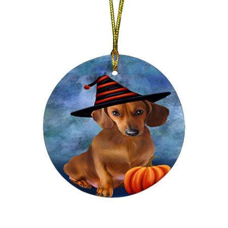 Happy Halloween Dachshund Dog Wearing Witch Hat with Pumpkin Round Flat Christmas Ornament RFPOR55061