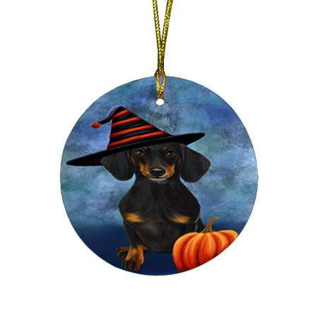 Happy Halloween Dachshund Dog Wearing Witch Hat with Pumpkin Round Flat Christmas Ornament RFPOR55062