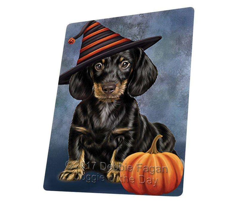 Happy Halloween Dachshund Dog Wearing Witch Hat with Pumpkin Tempered Cutting Board