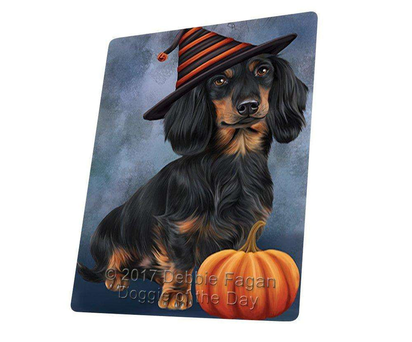 Happy Halloween Dachshund Dog Wearing Witch Hat with Pumpkin Tempered Cutting Board