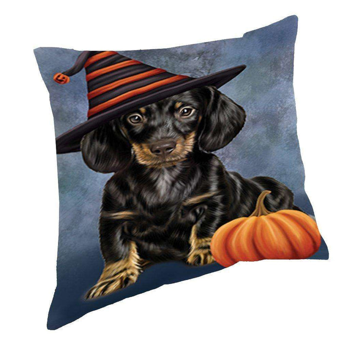Happy Halloween Dachshund Dog Wearing Witch Hat with Pumpkin Throw Pillow