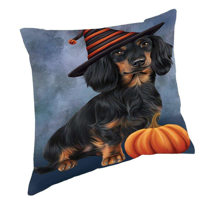 Happy Halloween Dachshund Dog Wearing Witch Hat with Pumpkin Throw Pillow