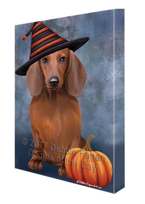 Happy Halloween Dachshund Dog Wearing Witch Hat with Pumpkin Wall Art Canvas