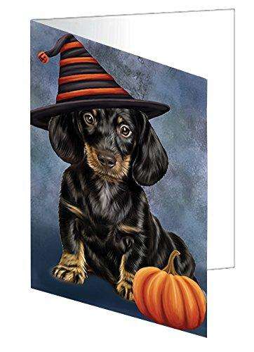 Happy Halloween Dachshund Dog with Witch Hat with Pumpkin Handmade Artwork Assorted Pets Greeting Cards and Note Cards with Envelopes for All Occasions and Holiday Seasons