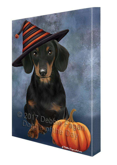 Happy Halloween Dachshund Wearing Witch Hat with Pumpkin Canvas Wall Art