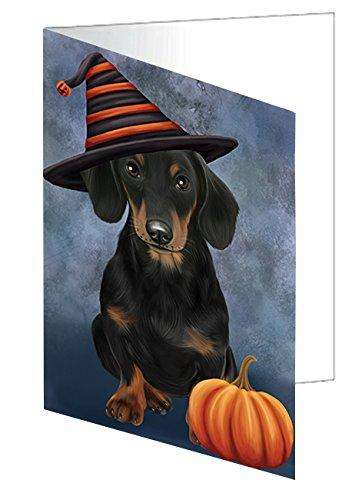 Happy Halloween Dachshund Wearing Witch Hat with Pumpkin Handmade Artwork Assorted Pets Greeting Cards and Note Cards with Envelopes for All Occasions and Holiday Seasons D468