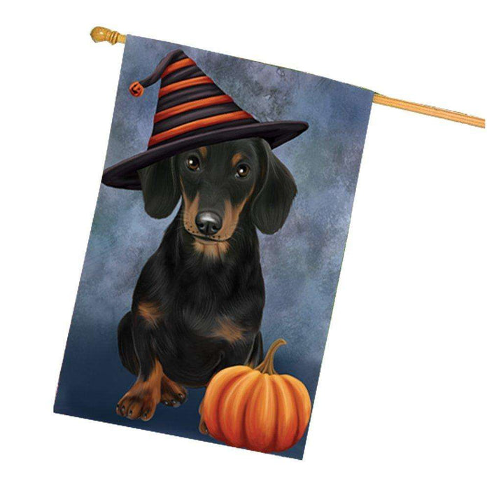 Happy Halloween Dachshund Wearing Witch Hat with Pumpkin House Flag