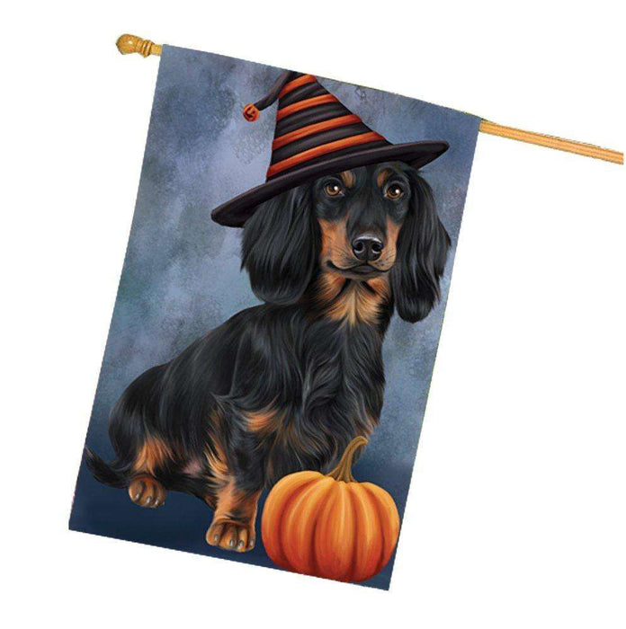 Happy Halloween Dachshunds Dog Wearing Witch Hat with Pumpkin House Flag