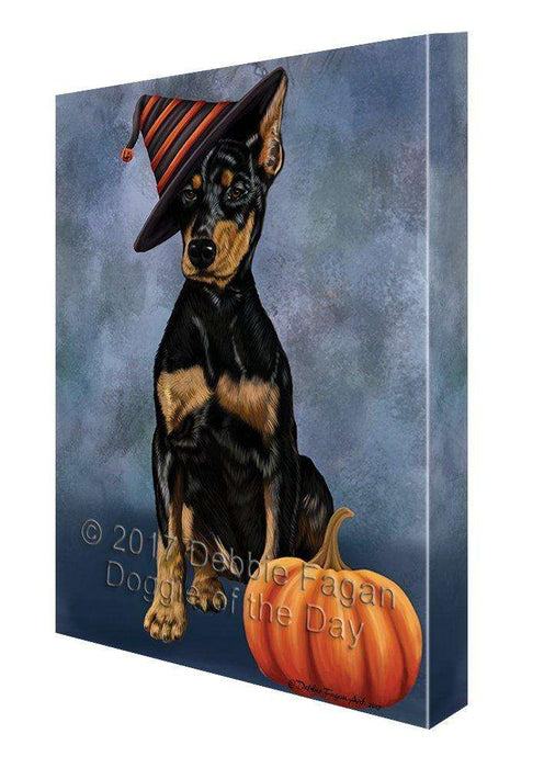 Happy Halloween Doberman Dog Wearing Witch Hat with Pumpkin Canvas Wall Art