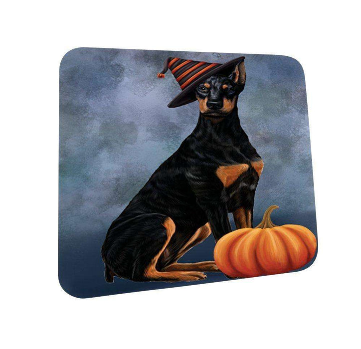 Happy Halloween Doberman Dog Wearing Witch Hat with Pumpkin Coasters Set of 4
